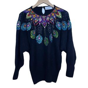 Vintage Silk and Wool Blend Peacock Sequin Embellishments Sweater Size Small